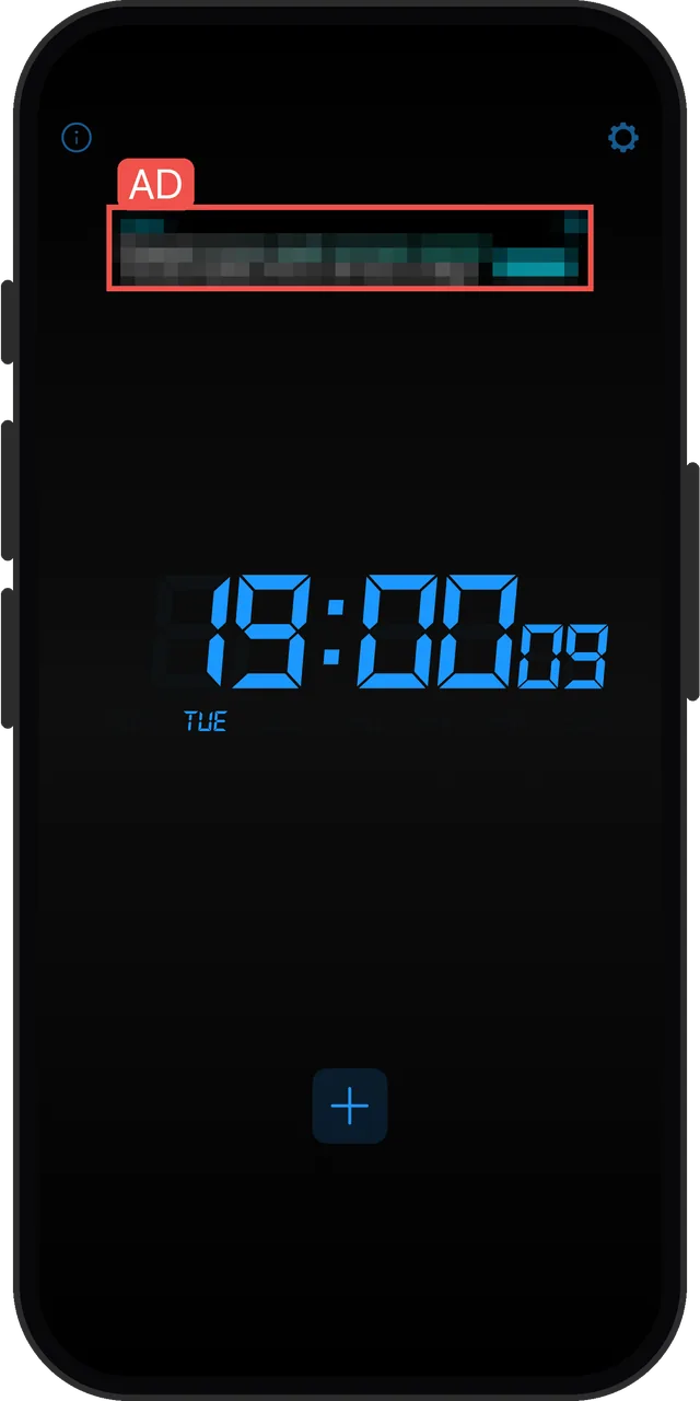 Alarm Clock for Me's main screen, with a banner ad (ad pixelated by us)