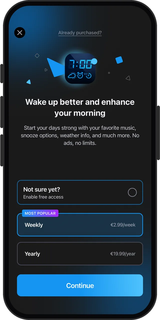 Alarm Clock for Me's upgrade screen, shown each time we opened it: weekly or yearly