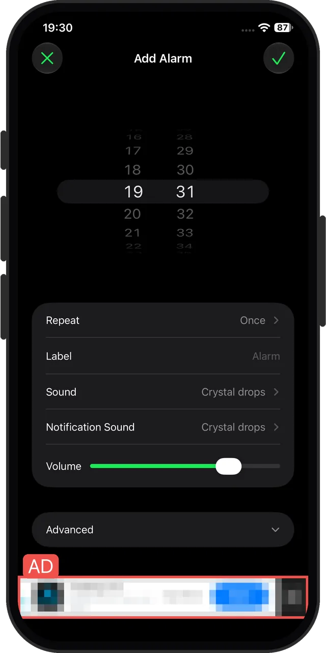Alarm Clock HD's alarm editor, with a separate 'Notification Sound' for when the app is closed