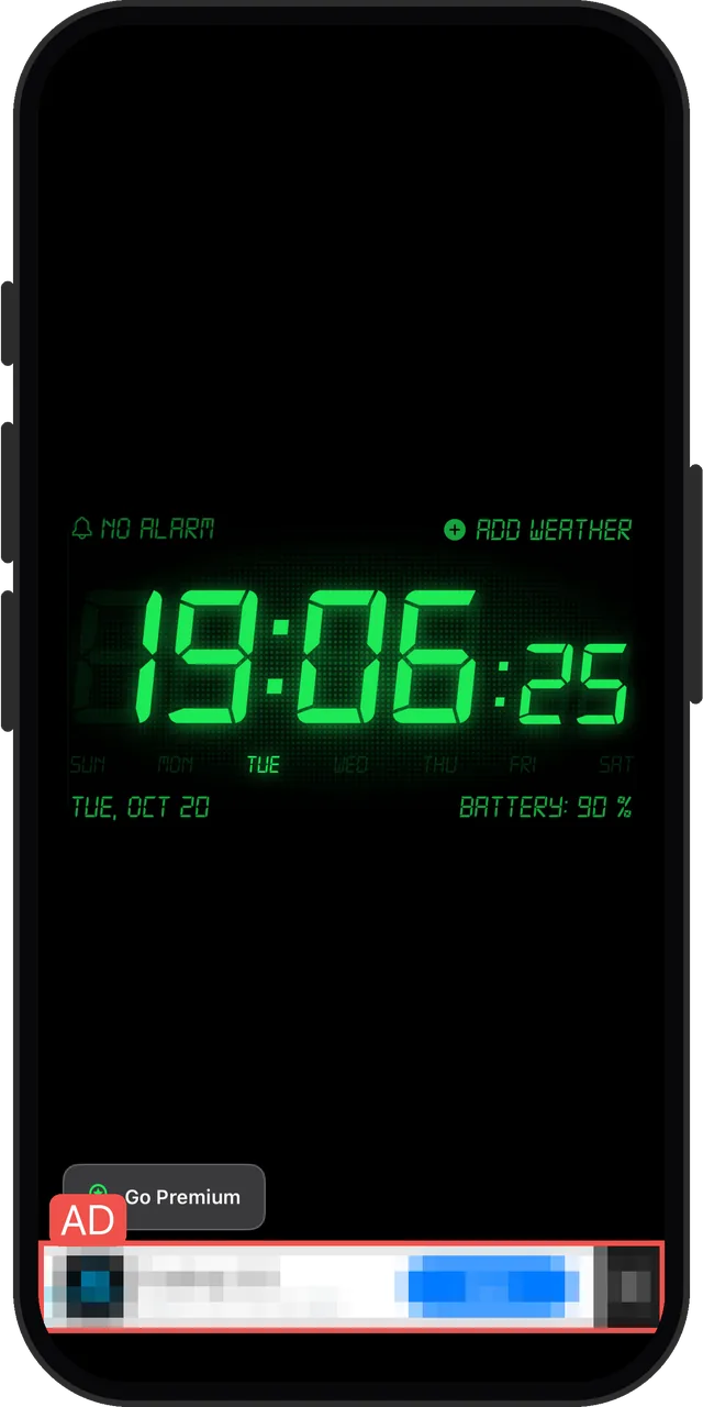 Alarm Clock HD's clock screen, with a banner ad at the bottom (ad pixelated by us)