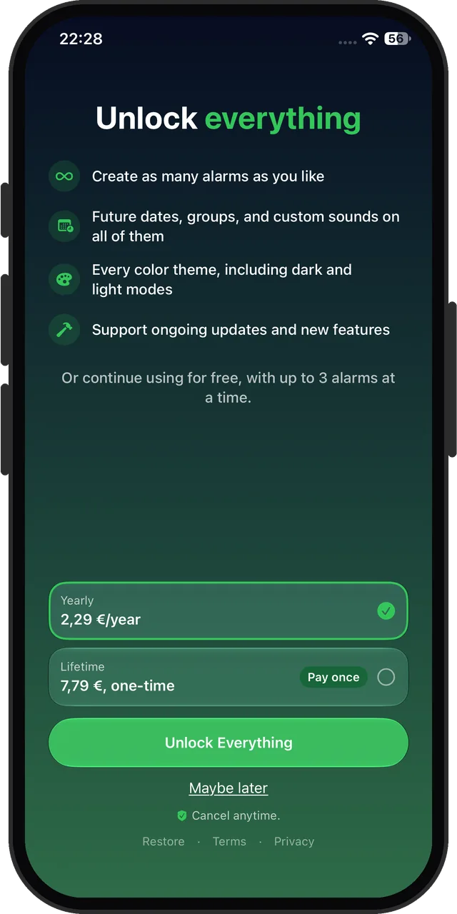 Alarm Clock Planner's upgrade screen: yearly or once, or carry on free with up to 3 alarms