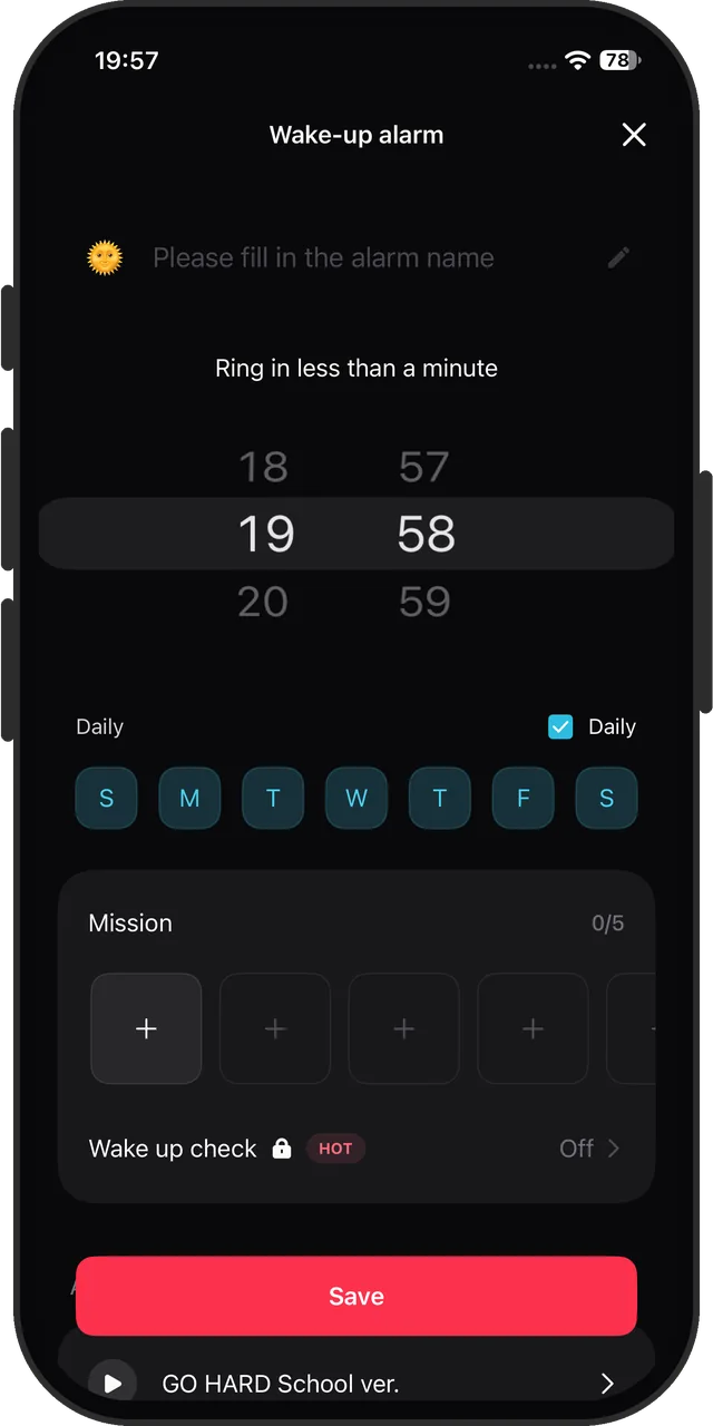 Alarmy's alarm editor, with missions, a locked 'Wake up check' and days of the week as the only repeat