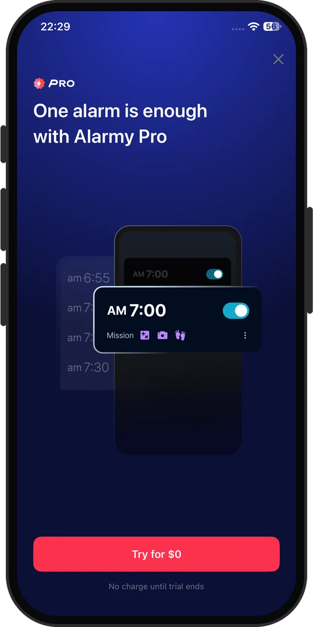 Alarmy's upgrade screen from its PRO badge: 'One alarm is enough', a free trial and no price on screen