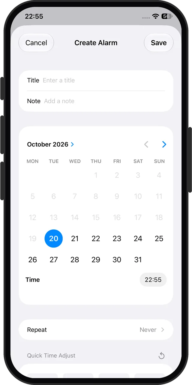 DateAlarm's alarm editor: a calendar to pick the date, then the time