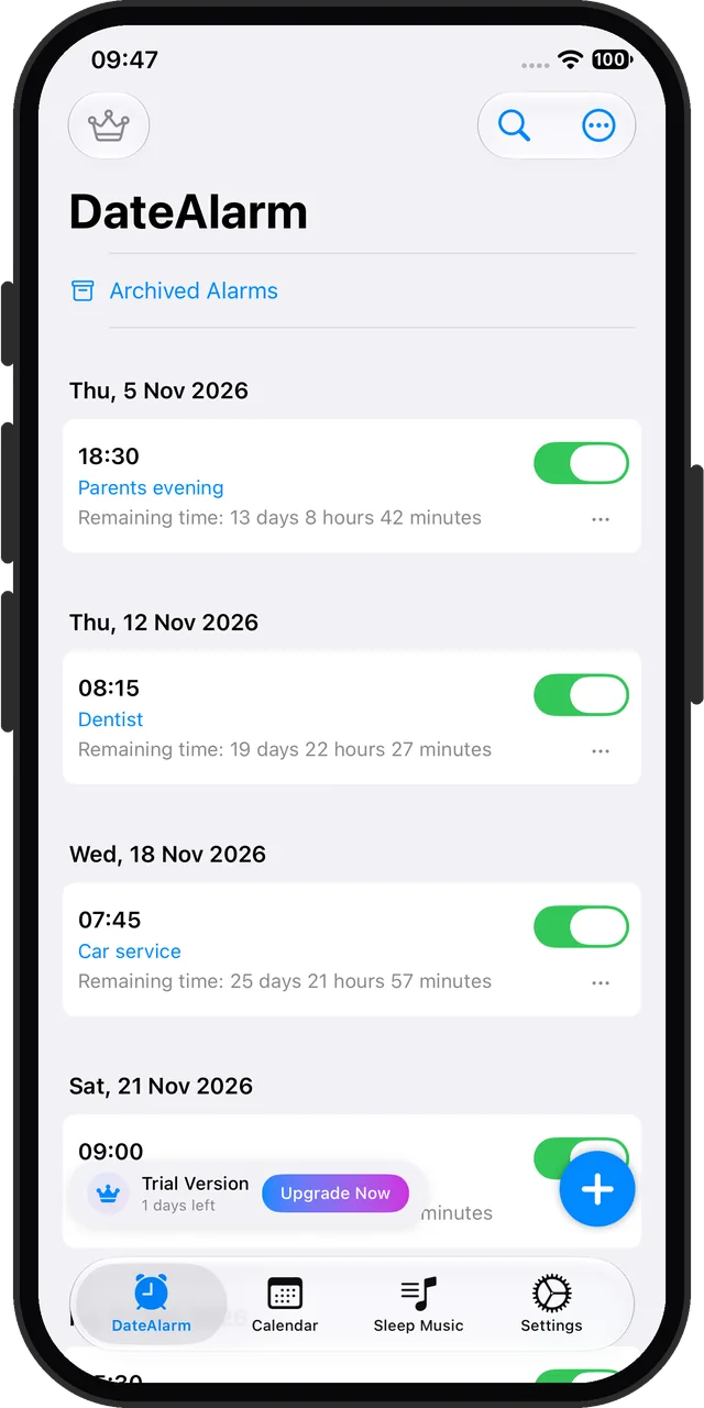 DateAlarm's alarm list with five alarms in November, each on its own card under its date with the time left until it rings, and the trial countdown at the bottom
