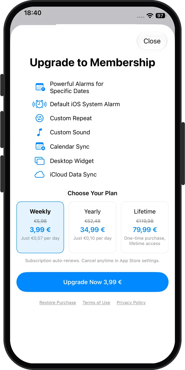 DateAlarm's membership screen, listing 'Default iOS System Alarm' as a paid feature