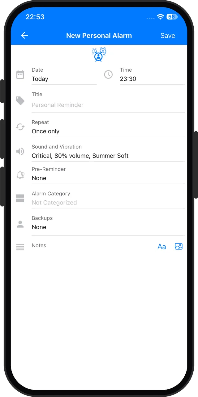 Galarm's alarm editor: a date and a time, with the sound set to 'Critical, 80% volume'