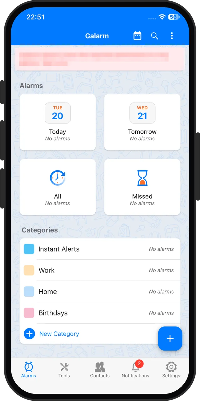 Galarm's main screen: alarms by day and by category, empty here. The notice at the top (blurred by us) appeared after we declined its Critical Alerts request