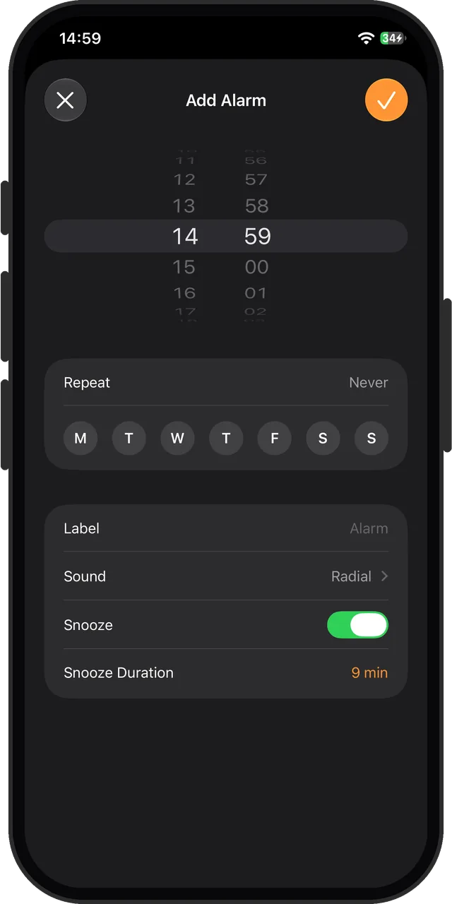 The Clock app's alarm editor: Repeat offers days of the week, with no date to pick