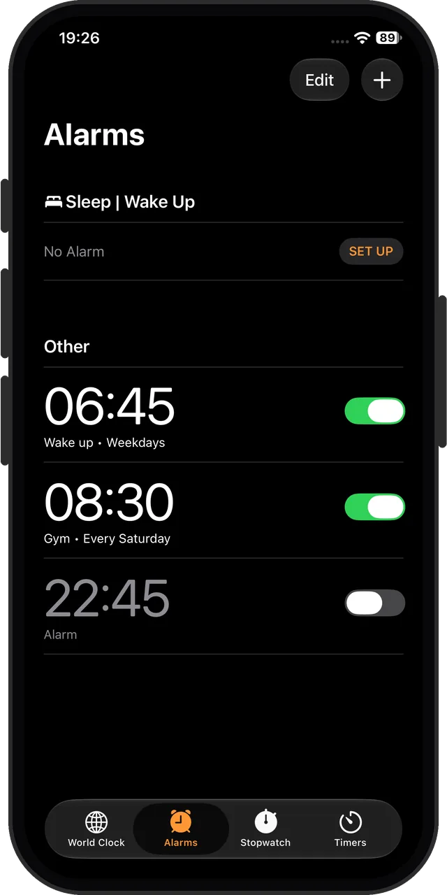 The Clock app's alarm list