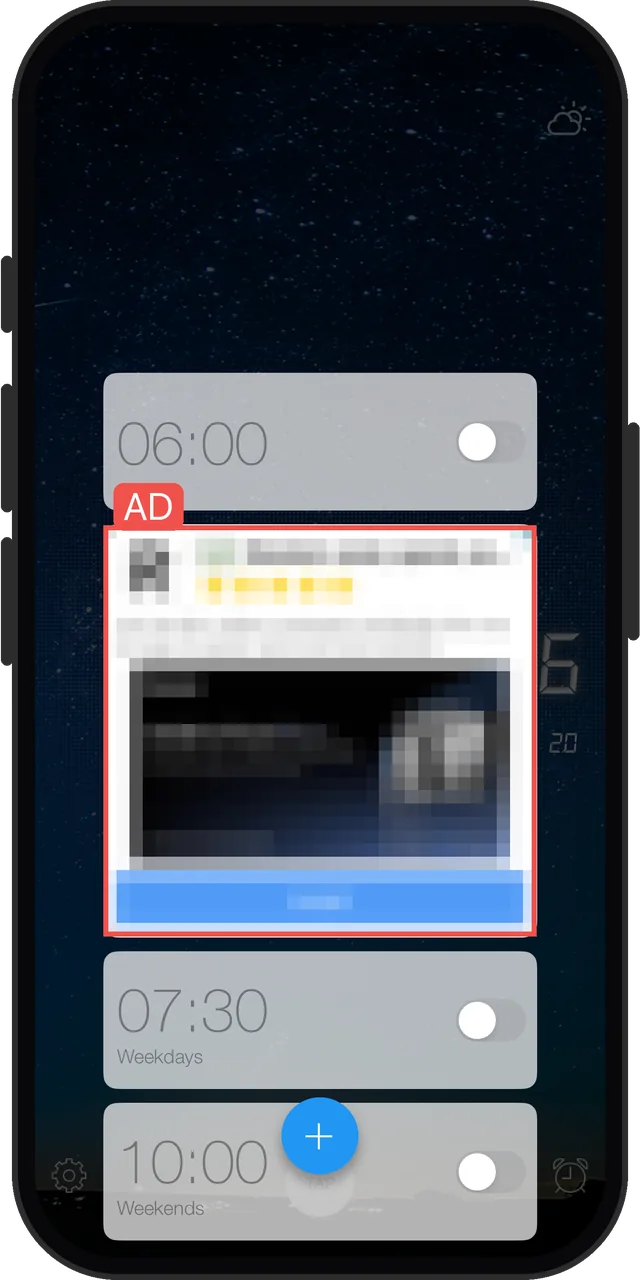Loud Alarm Clock's alarm list, with an ad card between the alarms (ad pixelated by us)