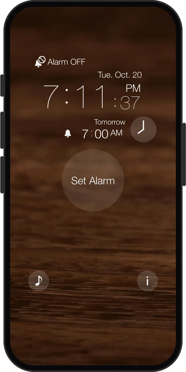 One Touch Alarm Clock's main screen and its single Set Alarm button