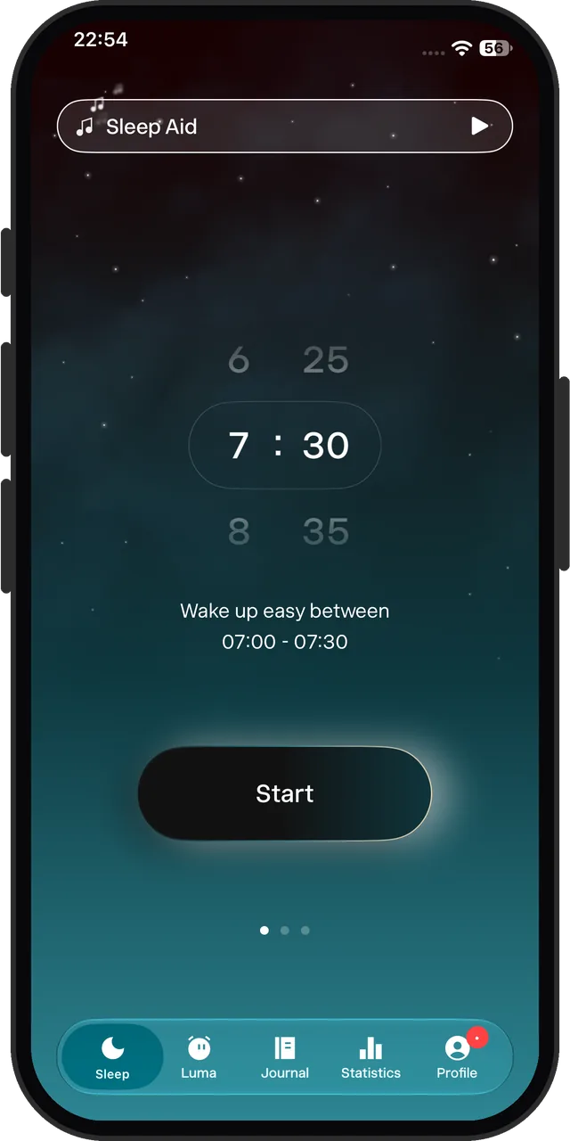 Sleep Cycle's main screen: one wake-up time on a wheel, a 30-minute window to wake you in, and Start to begin the night