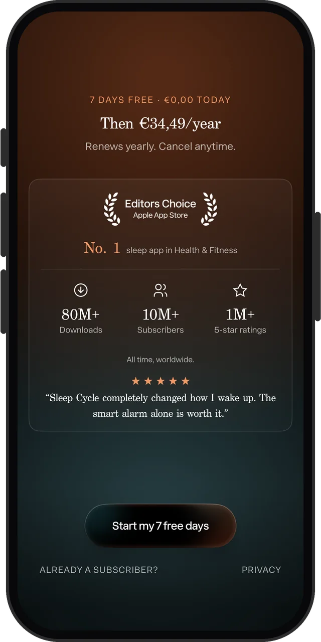 Sleep Cycle's last setup screen: 7 days free, then a yearly plan