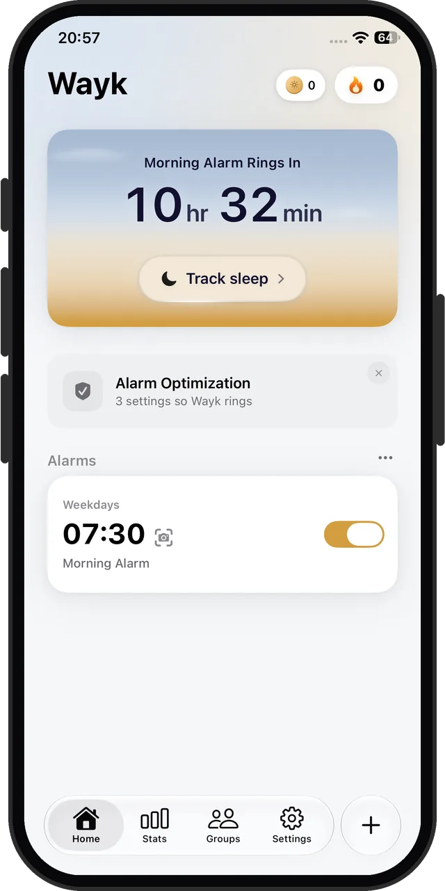 Wayk's home screen and alarm list