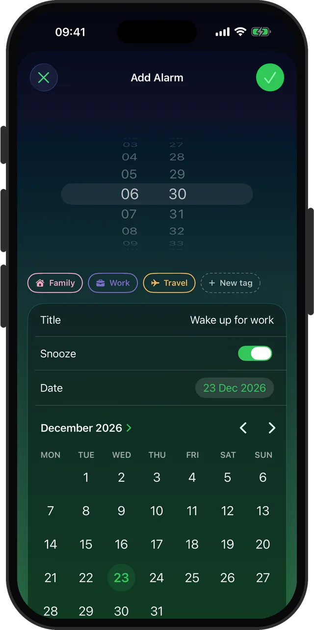Alarm Clock Planner on iPhone: picking a future date on the calendar while creating an alarm