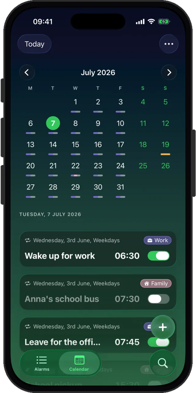 Month calendar view with alarms marked on the days they fire