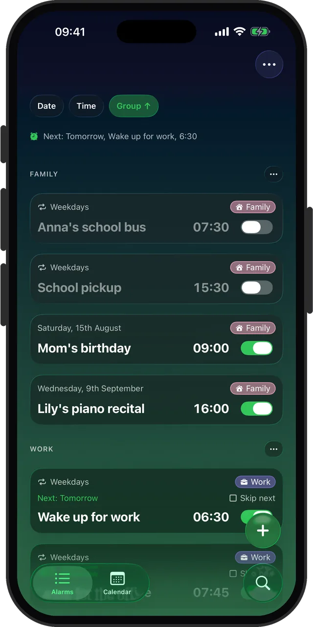Alarm list sorted by group in Alarm Clock Planner, sectioned into Family and Work with the Family group toggled off