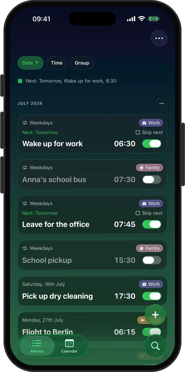 Alarm list organized with color-coded Work, Family and Travel tags