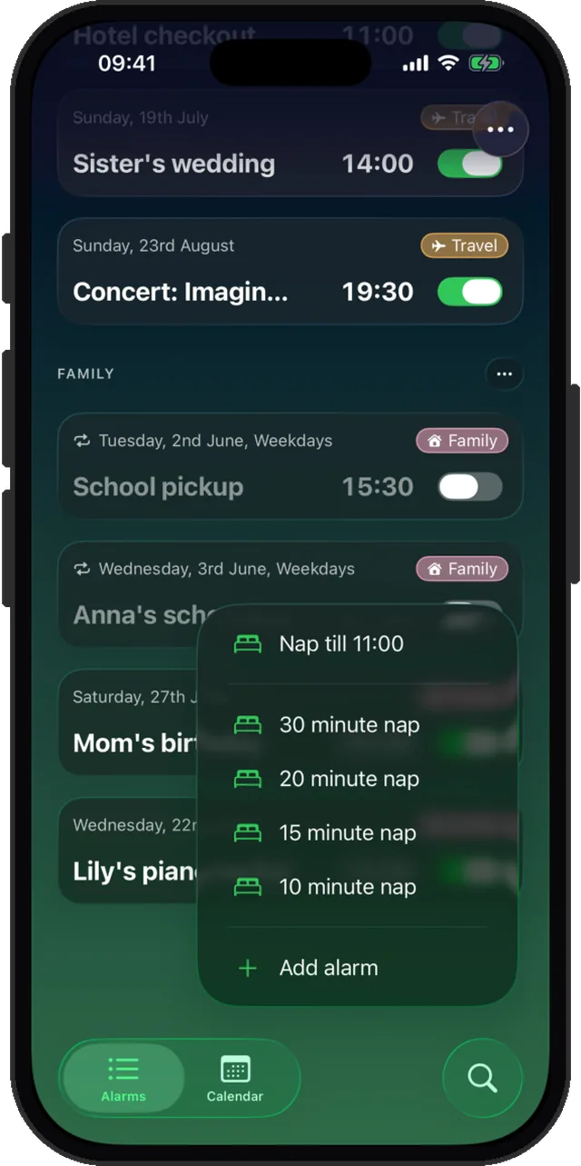 Quick nap menu with 10, 15, 20 and 30 minute presets