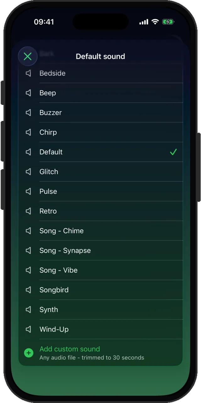Alarm sound list with an option to add a custom sound from any audio file