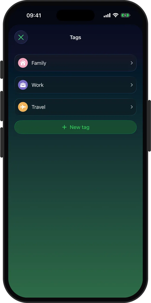Tags manager in Alarm Clock Planner showing color-coded Family, Work and Travel tags, each with its own icon