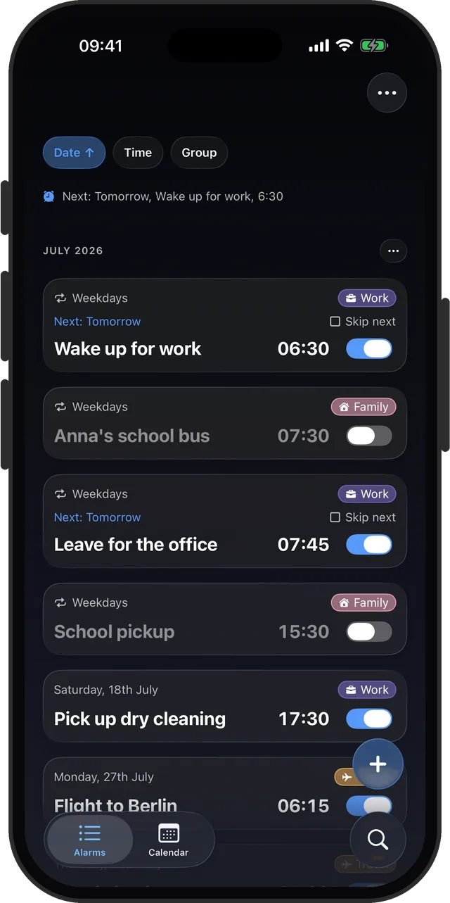 The alarm list in the dark Midnight theme