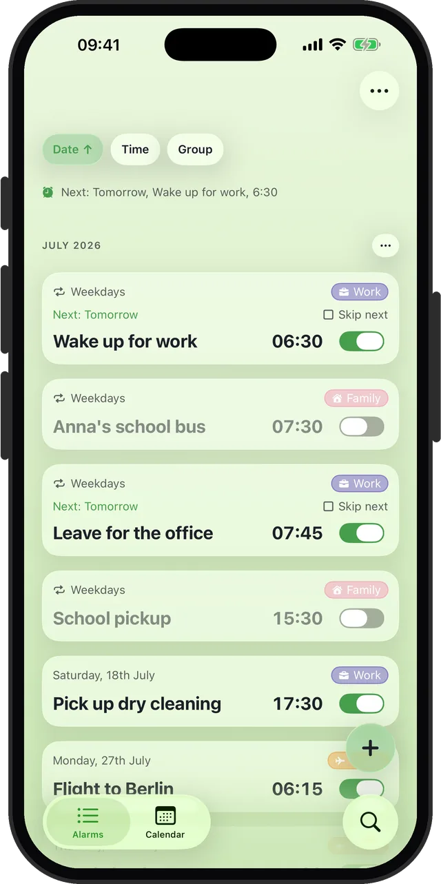 The alarm list in the light Pistachio theme