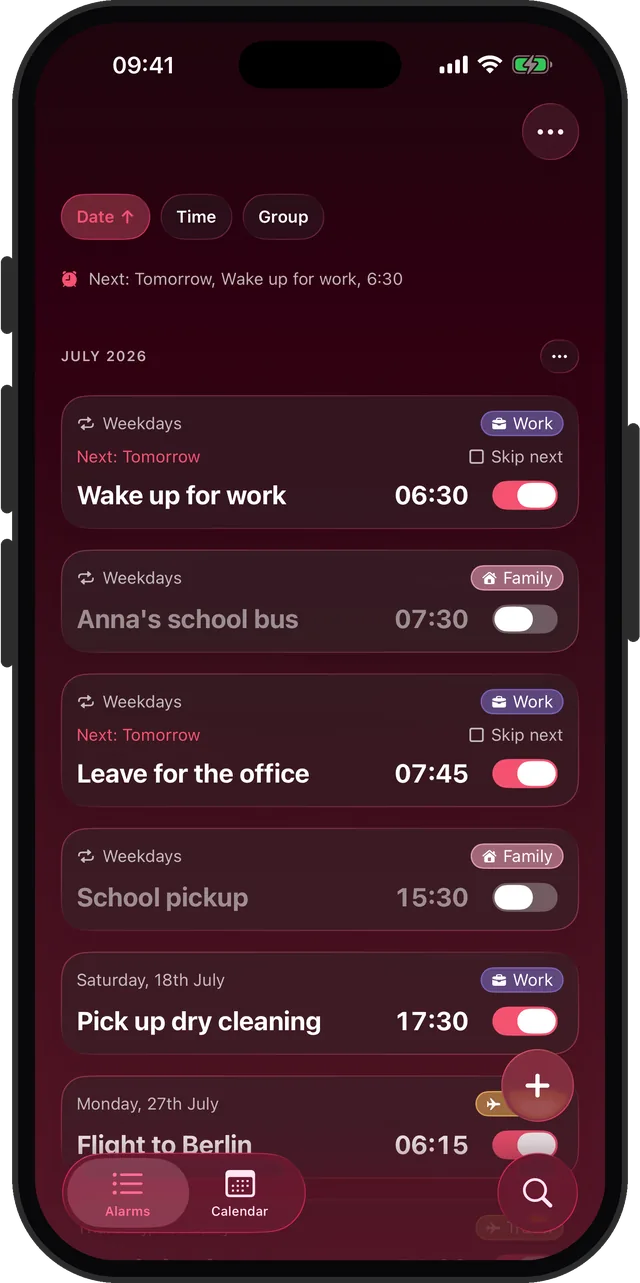The alarm list in the Ruby theme