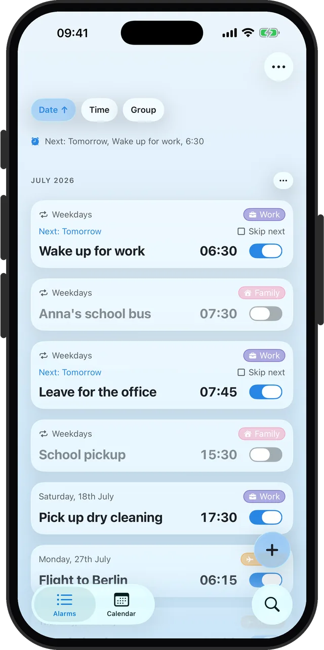 The alarm list in the light Sky theme