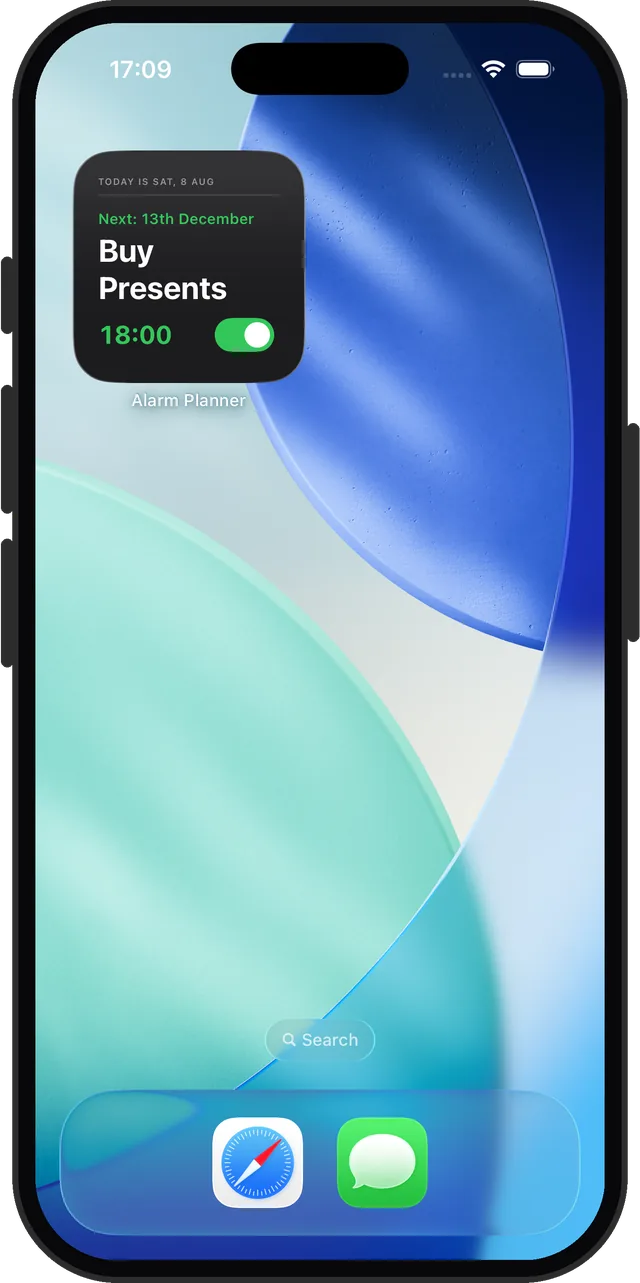 iPhone Home Screen with the Alarm Clock Planner widget showing the next alarm, Buy Presents on 13th December at 18:00, and a toggle